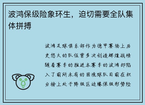 波鸿保级险象环生，迫切需要全队集体拼搏