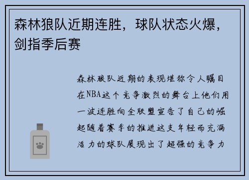 森林狼队近期连胜，球队状态火爆，剑指季后赛